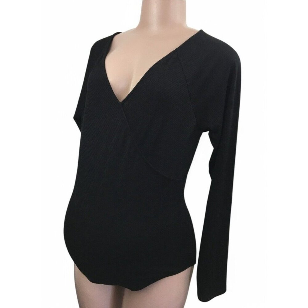 NEW A Pea in the Pod MED Maternity Bodysuit long sleeve ribbed v-neck top BLACK